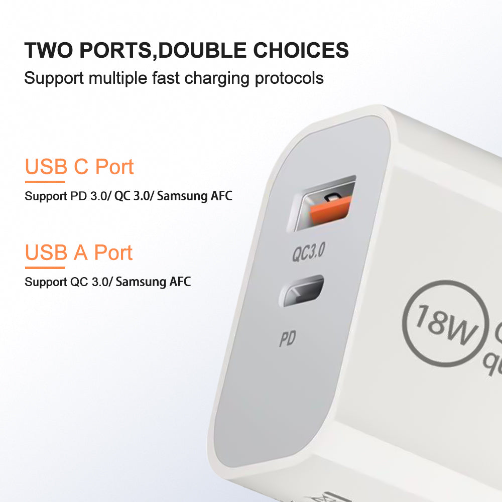 COMPACT WALL CHARGER 18W DUAL USB TYPE-C + USB 2-PORT